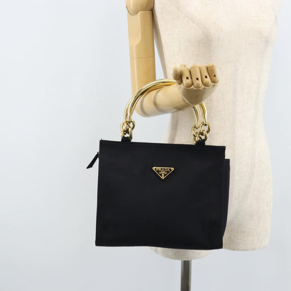 PRADA Handtasche mit Metallgriff Nylon Schwarz Gold Auth LNZ454V