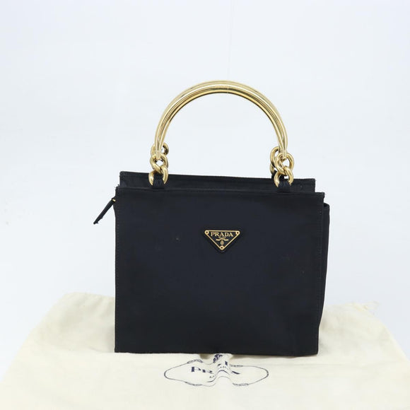 PRADA Metal Handle Hand Bag Nylon Black Gold Auth LNZ454V