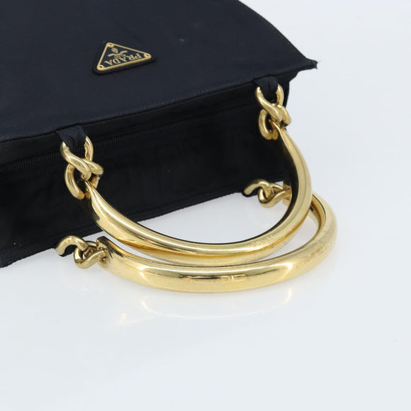 PRADA Handtasche mit Metallgriff Nylon Schwarz Gold Auth LNZ454V