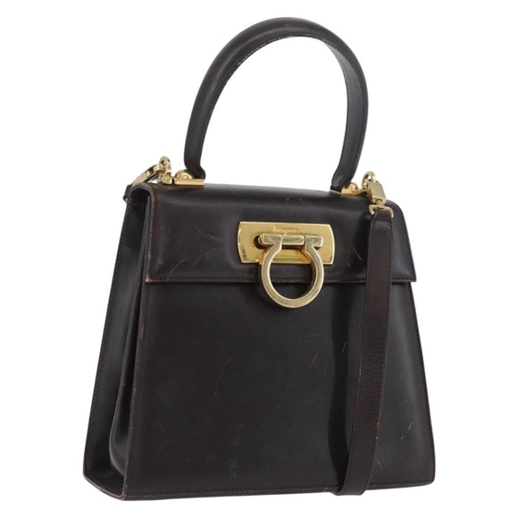 Salvatore Ferragamo Gancini Hand Bag Leather 2way Dark Brown Gold Auth LNZ456