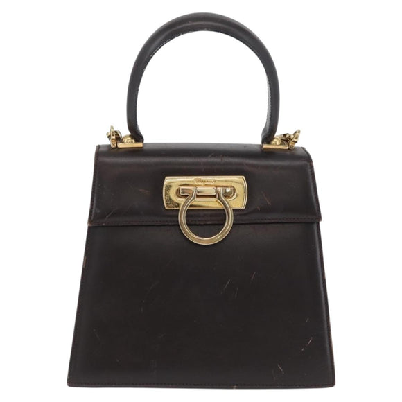 Salvatore Ferragamo Gancini Hand Bag Leather 2way Dark Brown Gold Auth LNZ456