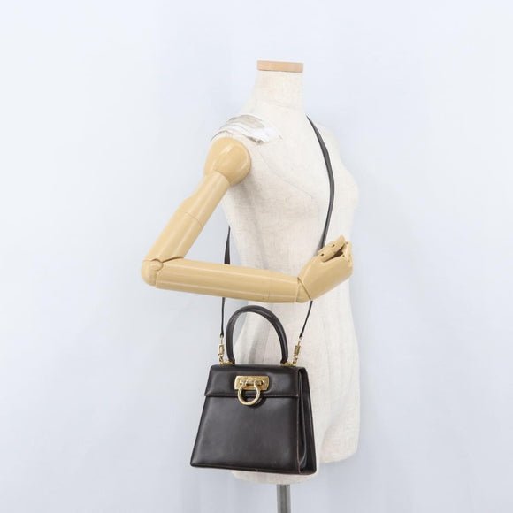 Salvatore Ferragamo Gancini Hand Bag Leather 2way Dark Brown Gold Auth LNZ456