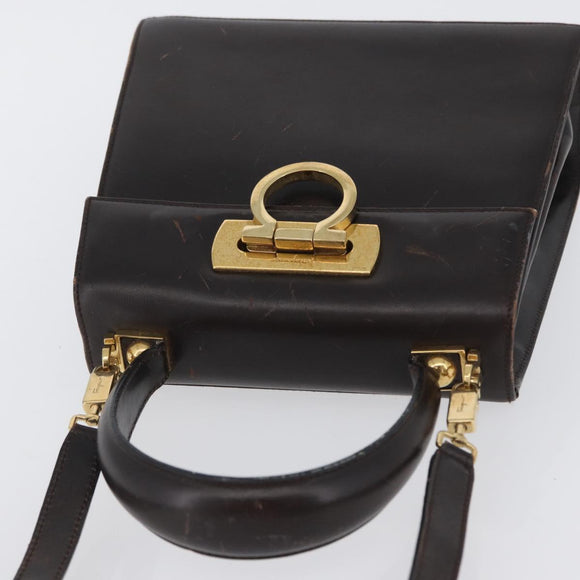 Salvatore Ferragamo Gancini Hand Bag Leather 2way Dark Brown Gold Auth LNZ456