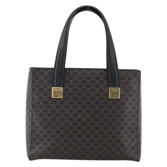 CELINE Macadam Canvas Hand Bag PVC Leather Black Gold Auth LNZ528