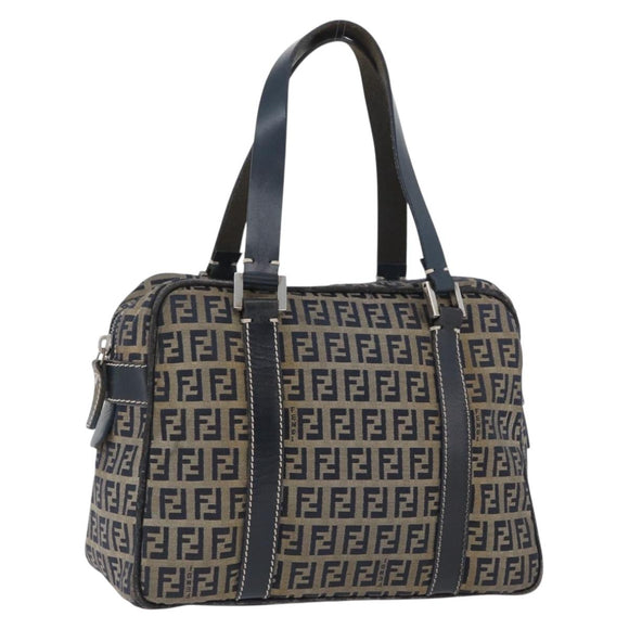 FENDI Zucchino Canvas Hand Bag Navy Silver Auth LNZ529