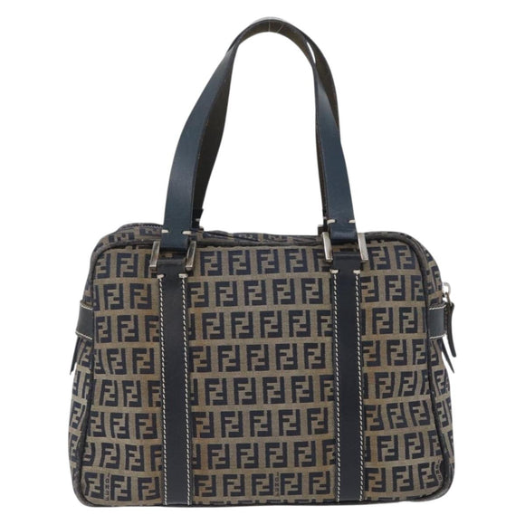 FENDI Zucchino Canvas Hand Bag Navy Silver Auth LNZ529