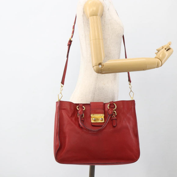 Miu Miu Madras Hand Bag Leather 2way Red Gold Auth LNZ542