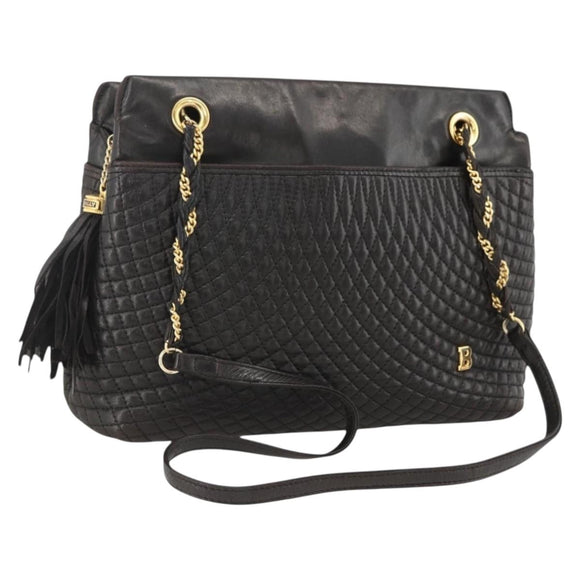 BALLY Chain Shoulder Bag Leather Black Gold Auth LNZ543