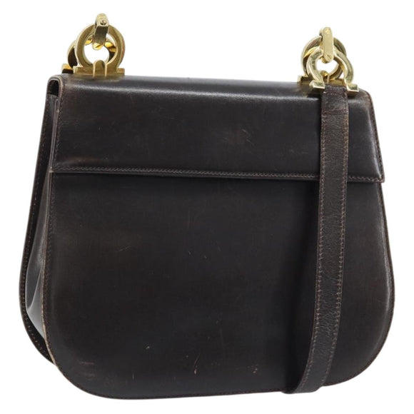 Salvatore Ferragamo Gancini Shoulder Bag Leather Dark Brown Gold Auth LNZ544
