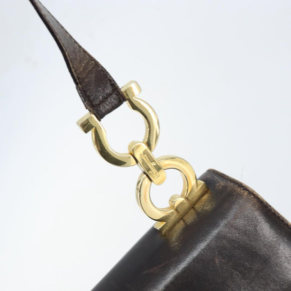 Salvatore Ferragamo Gancini Shoulder Bag Leather Dark Brown Gold Auth LNZ544