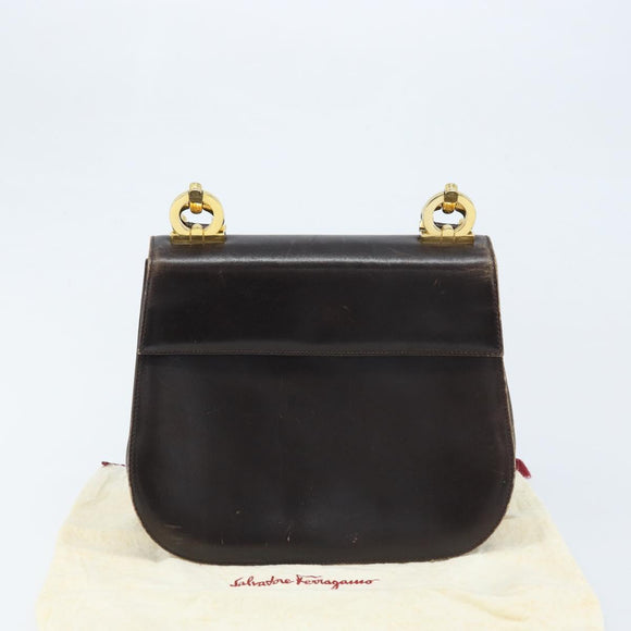 Salvatore Ferragamo Gancini Shoulder Bag Leather Dark Brown Gold Auth LNZ544