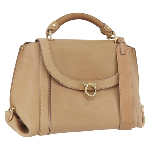 Salvatore Ferragamo Gancini Sofia Hand Bag Leather 2way Beige Gold Auth LNZ545
