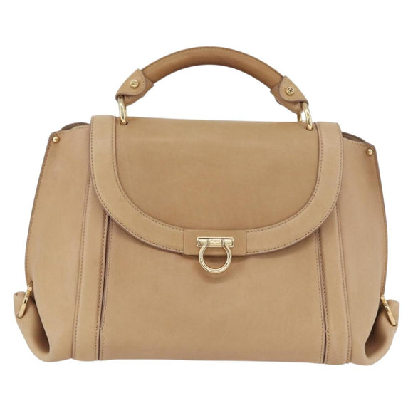 Salvatore Ferragamo Gancini Sofia Hand Bag Leather 2way Beige Gold Auth LNZ545