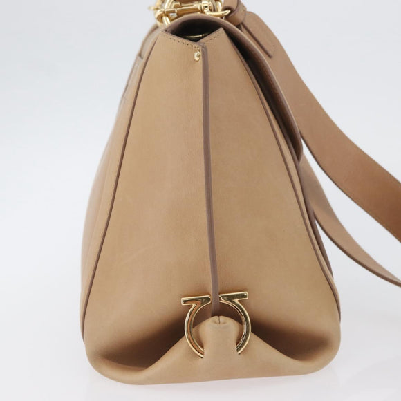 Salvatore Ferragamo Gancini Sofia Hand Bag Leather 2way Beige Gold Auth LNZ545