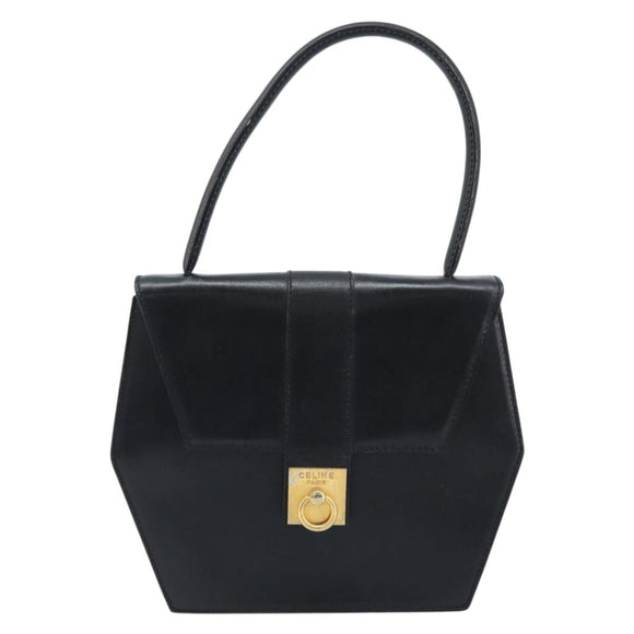 CELINE Hand Bag Leather Black Gold Auth LNZ560A