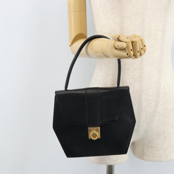 CELINE Hand Bag Leather Black Gold Auth LNZ560A