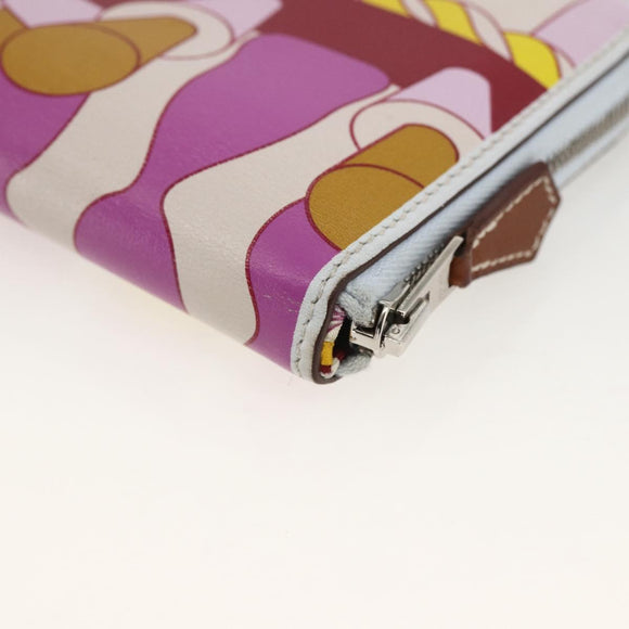 HERMES Azap Compact Silk-in Wallet Leder Multicolor Silber Auth LNZ572SAM