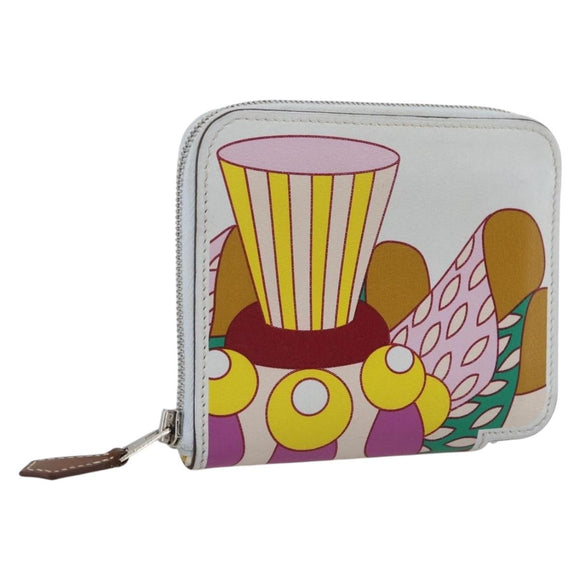 HERMES Azap Compact Silk-in Wallet Leder Multicolor Silber Auth LNZ572SAM