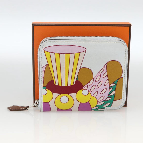 HERMES Azap Compact Silk-in Wallet Leder Multicolor Silber Auth LNZ572SAM