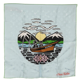 LOUIS VUITTON LV City Stamp Bandana Scarf Silk Light Blue M96939 LV Auth LNZ586M