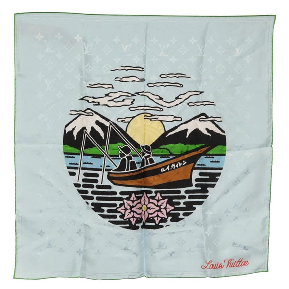 LOUIS VUITTON LV City Stamp Bandana Schal Seide Hellblau M96939 LV Auth LNZ586M