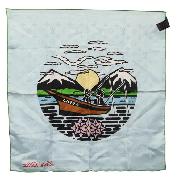 LOUIS VUITTON LV City Stamp Bandana Schal Seide Hellblau M96939 LV Auth LNZ586M