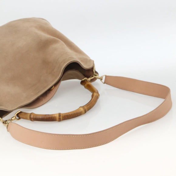 GUCCI Bamboo Shoulder Bag Suede 2way Beige Gold 001 2123 1577 Auth LNZ597