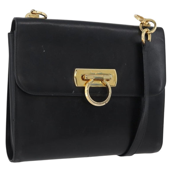 Salvatore Ferragamo Gancini Shoulder Bag Leather Black Gold Auth LNZ598