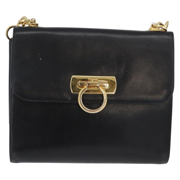 Salvatore Ferragamo Gancini Shoulder Bag Leather Black Gold Auth LNZ598