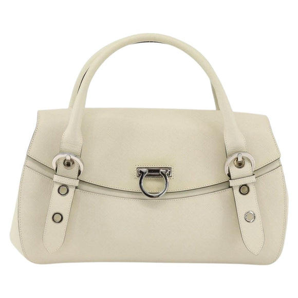 Salvatore Ferragamo Gancini Hand Bag Leather Ivory Silver Auth LNZ599A