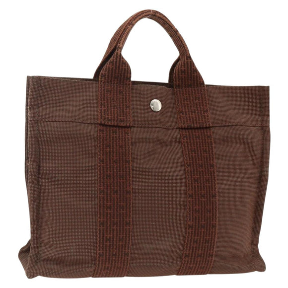 HERMES Her Line PM Tote Bag Canvas Brown Silver Auth LNZ607A