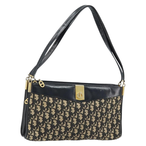 Christian Dior Trotter Canvas Shoulder Bag Navy Gold Auth LNZ621