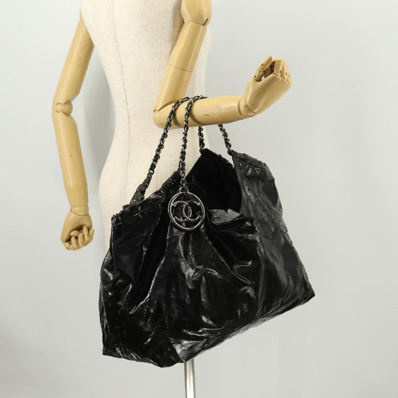 CHANEL COCO Mark Chain Shoulder Bag Patent leather Black Silver CC Auth LNZ641
