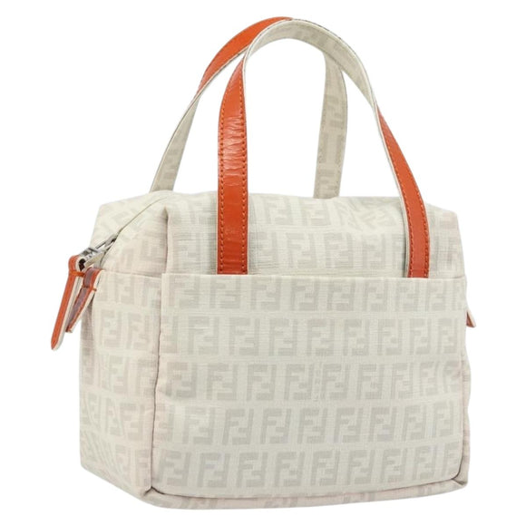 FENDI Zucchino Canvas Hand Bag PVC White Silver Auth LNZ675