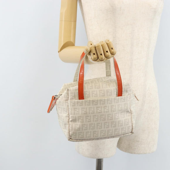 FENDI Zucchino Canvas Hand Bag PVC White Silver Auth LNZ675