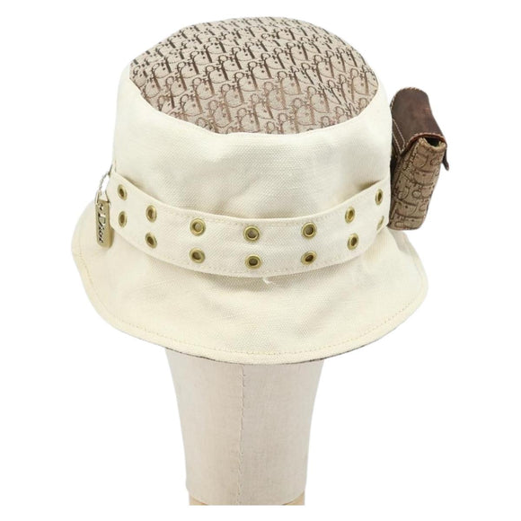 Christian Dior Trotter Canvas Hat Galliano Period Beige Gold Auth LNZ676A