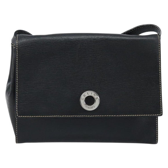 CELINE Circle Shoulder Bag Leather Black Silver Auth LNZ679V
