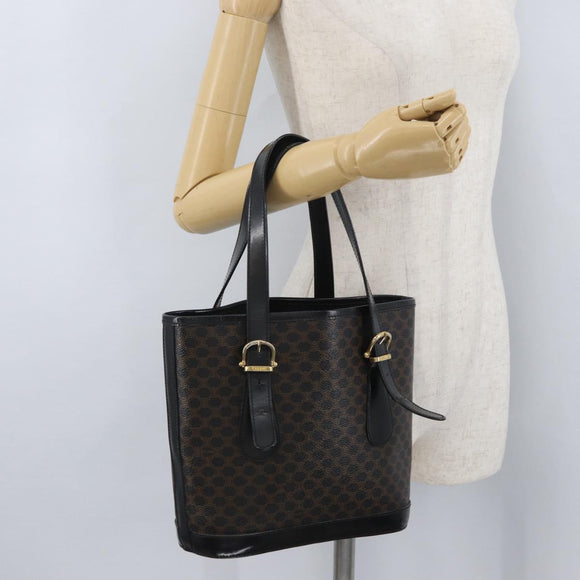 CELINE Macadam Canvas Tote Bag PVC Leather Black Gold Auth LNZ687