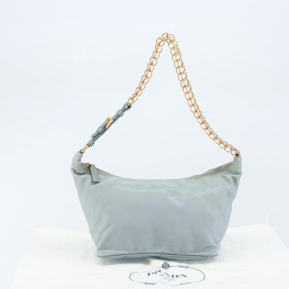 PRADA Chain Shoulder Bag Nylon Light Blue Gold Auth LNZ688V