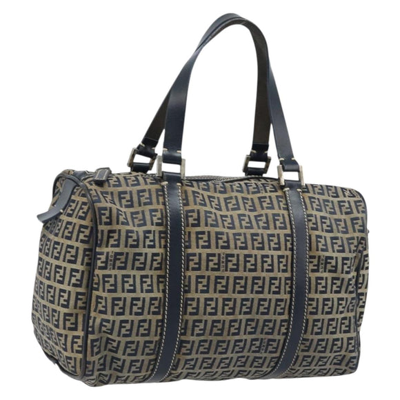 FENDI Zucchino Canvas Tote Bag Navy Silver Auth LNZ696
