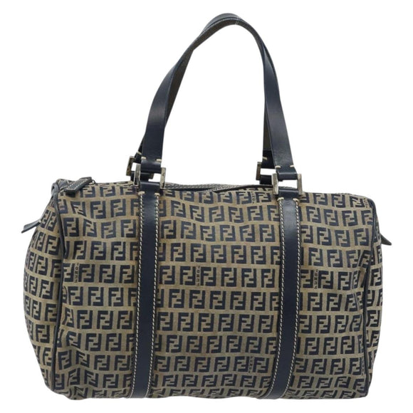 FENDI Zucchino Canvas Tote Bag Navy Silver Auth LNZ696