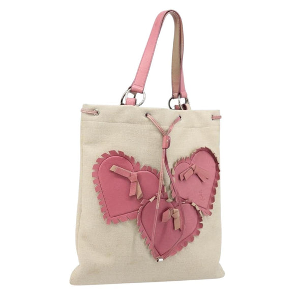 SAINT LAURENT Kahala Tote Bag Canvas Beige Silver Auth LNZ702