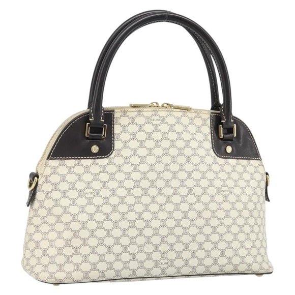 CELINE Macadam Canvas Hand Bag PVC Leather White Gold Auth LNZ710