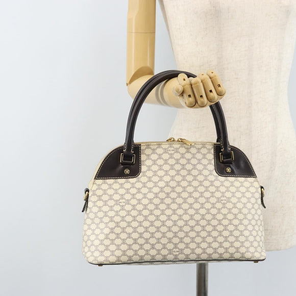 CELINE Macadam Canvas Hand Bag PVC Leather White Gold Auth LNZ710