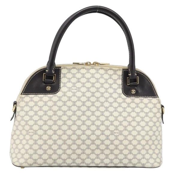 CELINE Macadam Canvas Hand Bag PVC Leather White Gold Auth LNZ710
