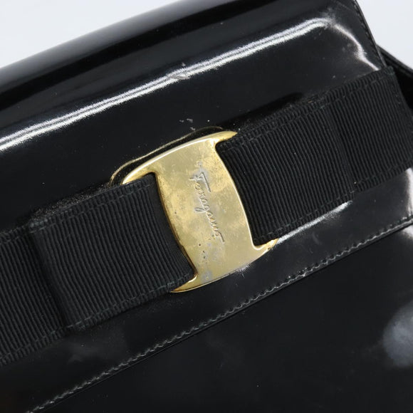 Salvatore Ferragamo Vala Hand Bag Patent leather 2way Black Gold Auth LNZ738
