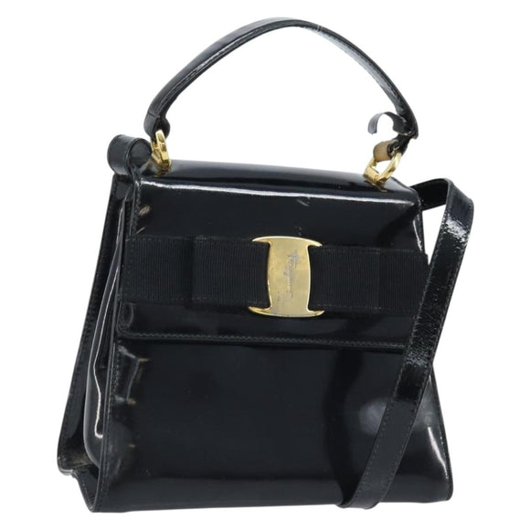 Salvatore Ferragamo Vala Hand Bag Patent leather 2way Black Gold Auth LNZ738