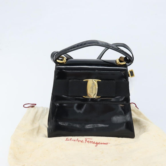 Salvatore Ferragamo Vala Hand Bag Patent leather 2way Black Gold Auth LNZ738