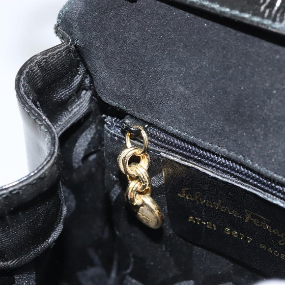 Salvatore Ferragamo Vala Hand Bag Patent leather 2way Black Gold Auth LNZ738