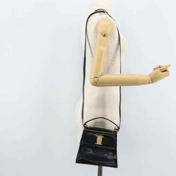 Salvatore Ferragamo Vala Hand Bag Patent leather 2way Black Gold Auth LNZ738